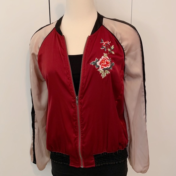 3/$10 Red Satin Bomber Jacket with Floral Embroidery - Picture 1 of 6